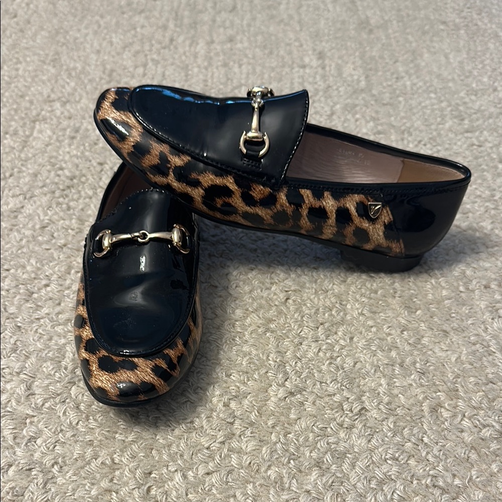 Girls NWT Leopard Print Loafers with Black Patent Finish